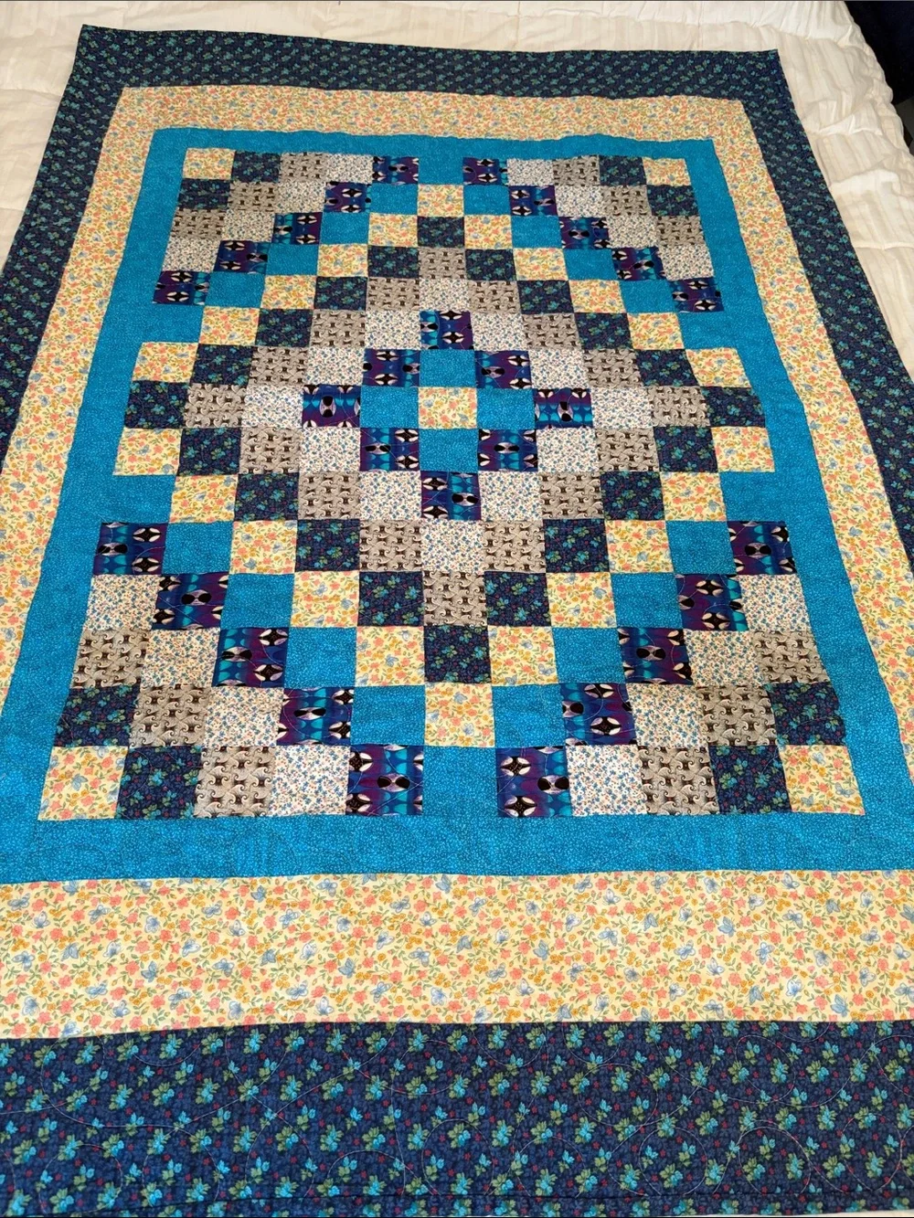 Handmade Patchwork Quilt in Teal, Navy, and Yellow Floral